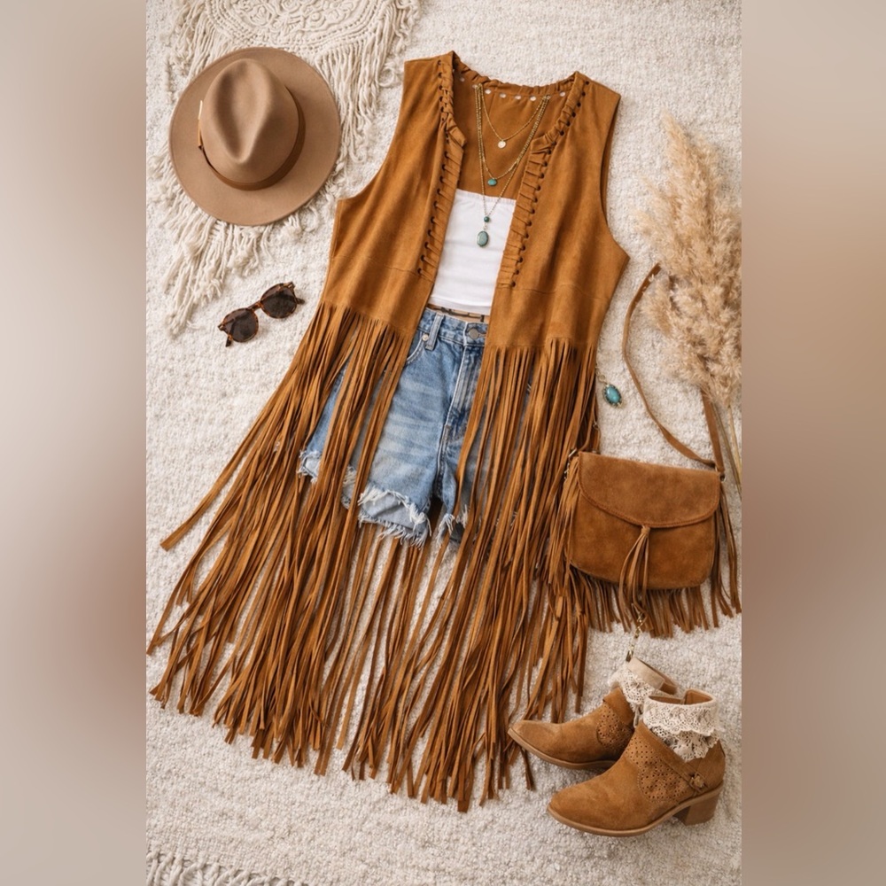 Boho Faux Suede Camel Long Fringe Western Festival Duster ~ Size Large - Picture 5 of 16